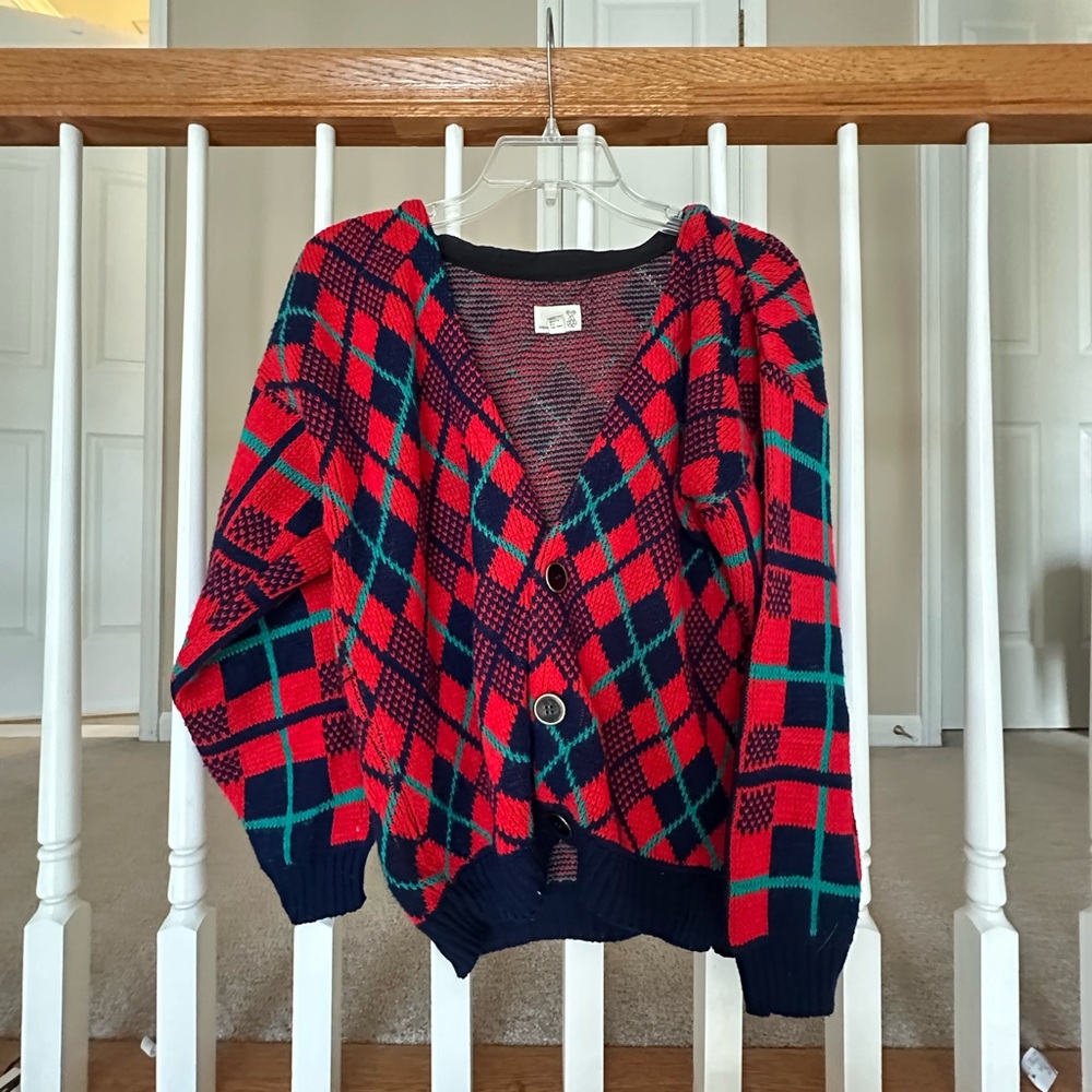 Cozy Red Plaid Knit Cardigan Sweater